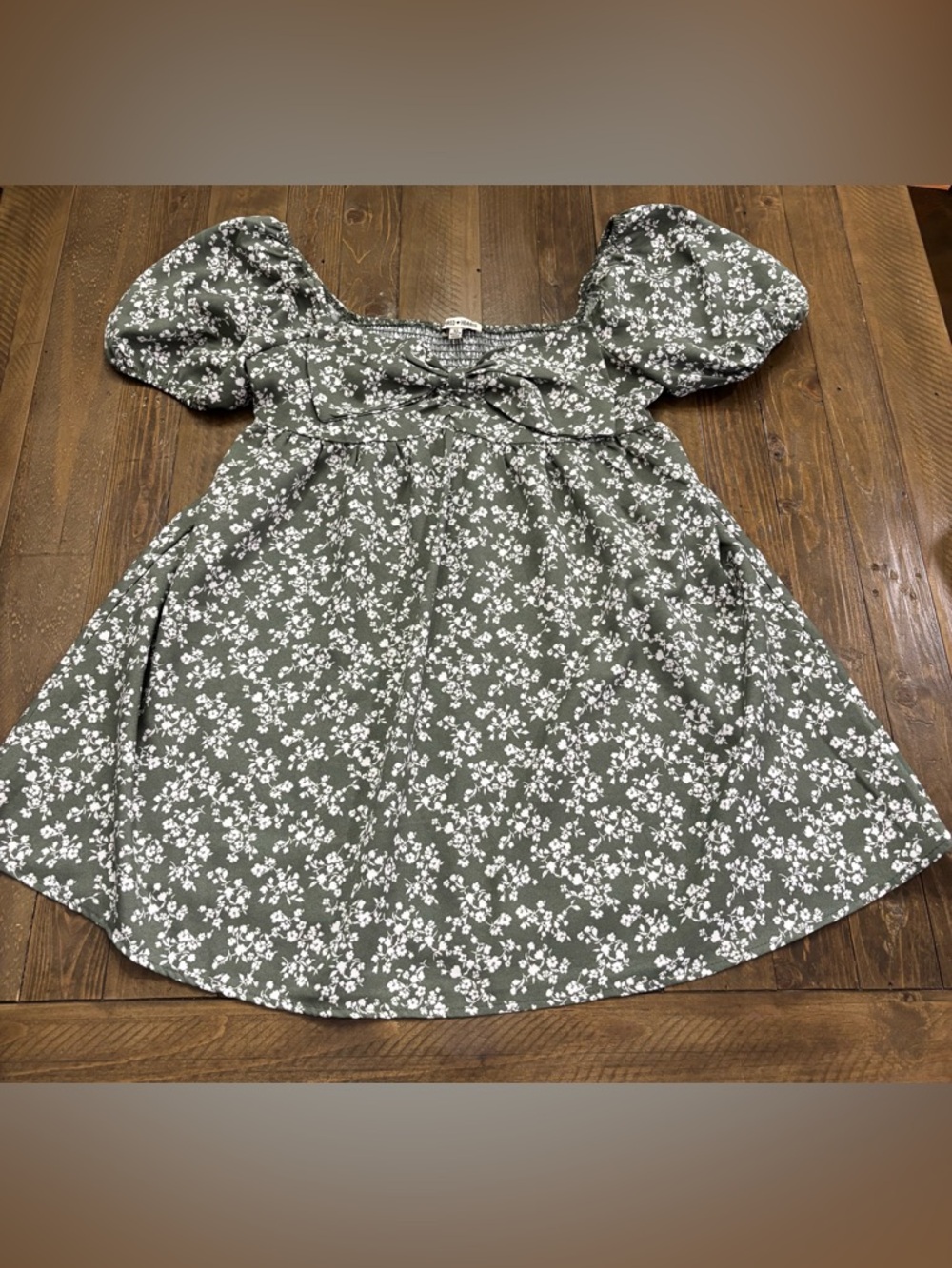 Inspired Hearts Olive Green Floral Puff Sleeve Dress with Bow Accent